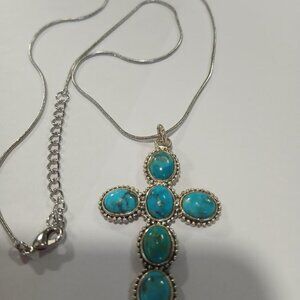 Turquoise and silver Cross Necklace with Lobster Claw Clasp adjustable 18" New